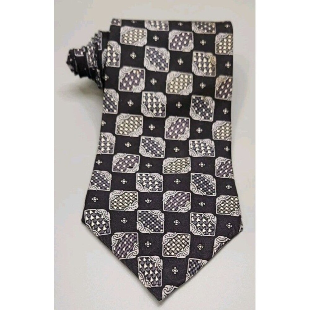 Oscar de La Renta Neckwear Tie Couture Collection Silk Black Gray Geometric